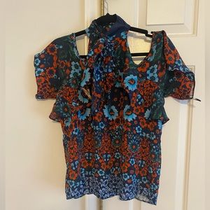 Parker Floral Print Tie Bow Cold Shoulder Blouse SZ XS